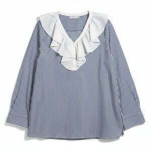 Harshman Vivienne Popover Tunic 2X Navy Stripe Cotton Ruffle Boho Coastal Preppy